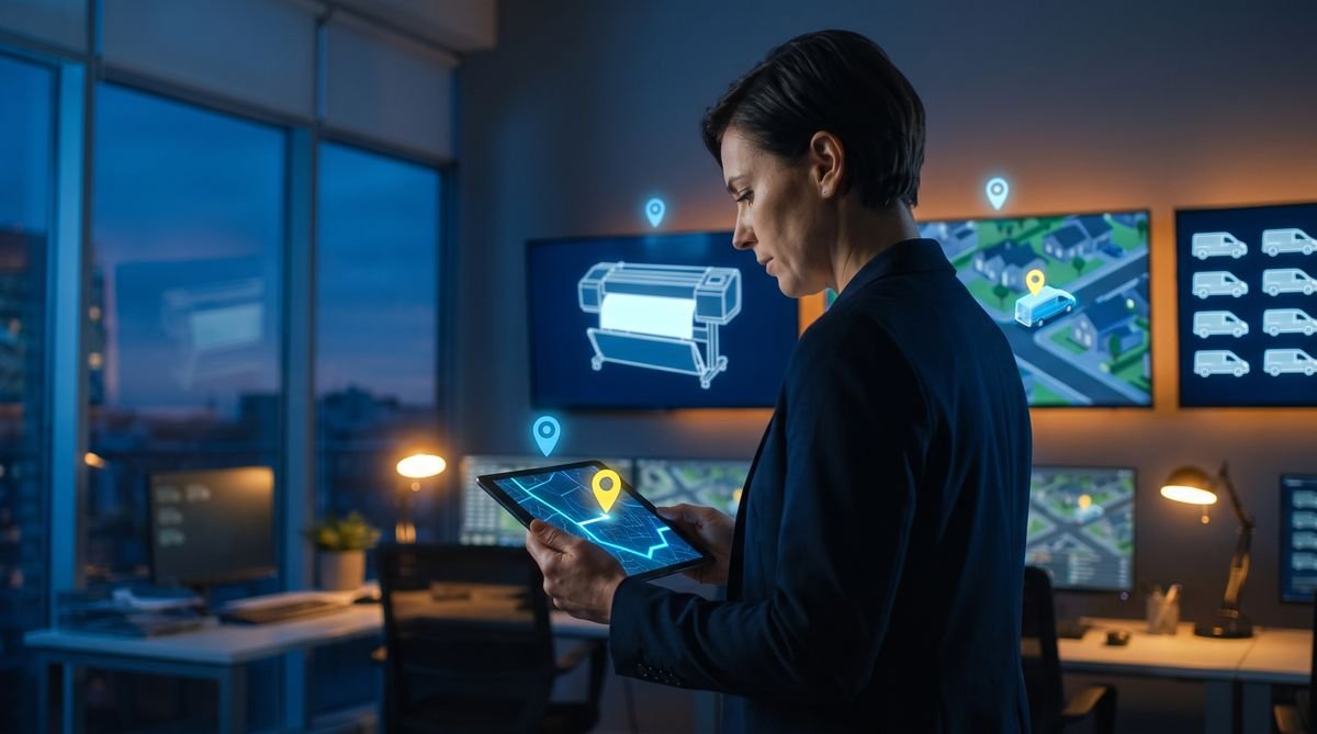 Responsável acompanhando veículos e equipamentos em um tablet