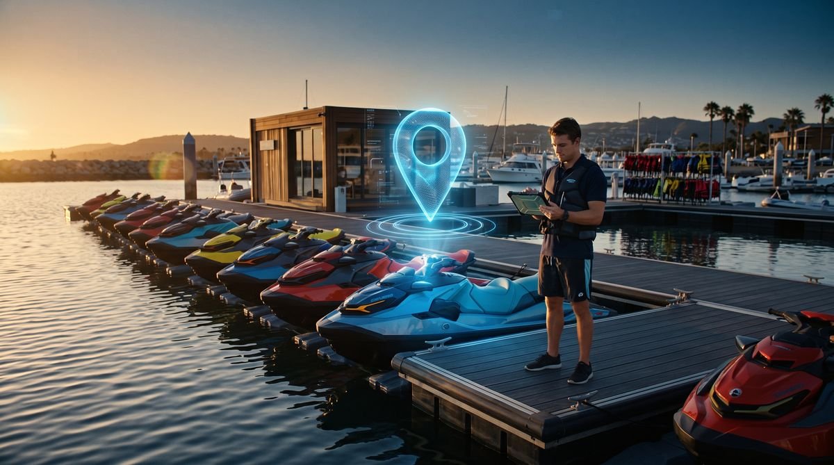 Marina de locação de jet skis ao entardecer