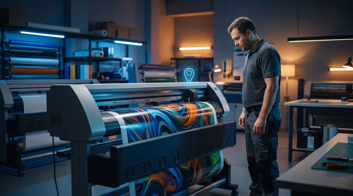 Plotter de impressão de grande formato em uma oficina de comunicação visual